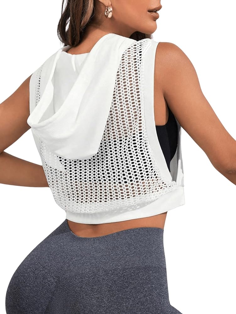 Milumia Women's Drawstring Fishnet Sleeveless Hoodie Crop Top Workout Gym Athletic Hooded Top