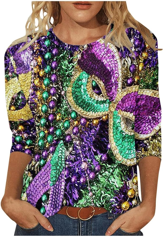 2024 Shirt 3/4 Sleeve Mardi Gras Womens Fancy Blouse Carnival Costume Mask Print Tunic Theme Party Round Collar Tee