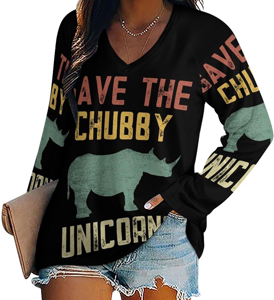 Save The Chubby Unicorns Loose Womens Shirts Long Sleeve Tees Tops Casual V-Neck Graphic Blouses