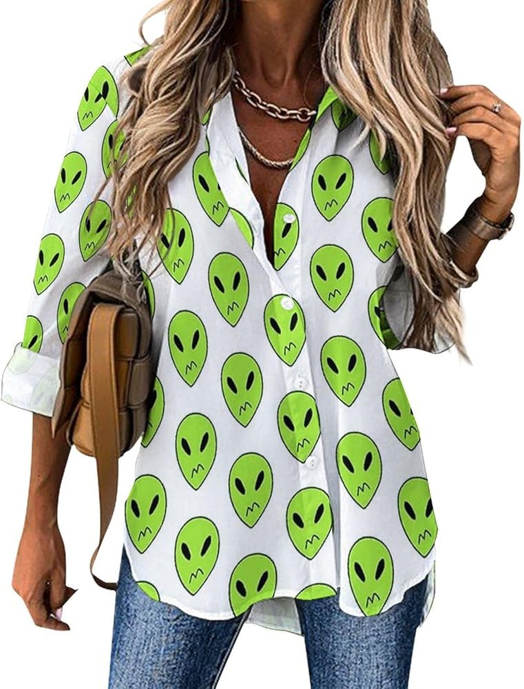 Peridot Alien Boxers Classic Shirts for Women Long Sleeve Blouse Casual V Neck Tee Tops Work Office