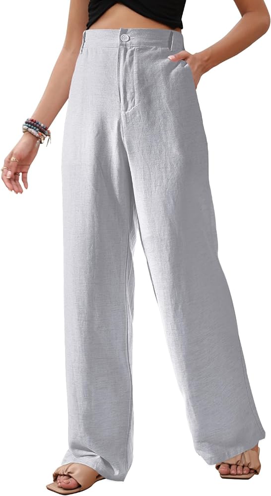 Yusongirl Linen Pants for Women Casual High Waisted Wide Leg Pants Dressy Button Up Straight Leg Trousers Lounge Long Pants