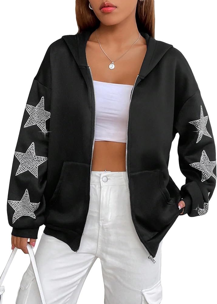 WDIRARA Women's Rhinestone Star Zip Up Hoodie Drop Shoulder Long Sleeve Sweatshirt with Pocket