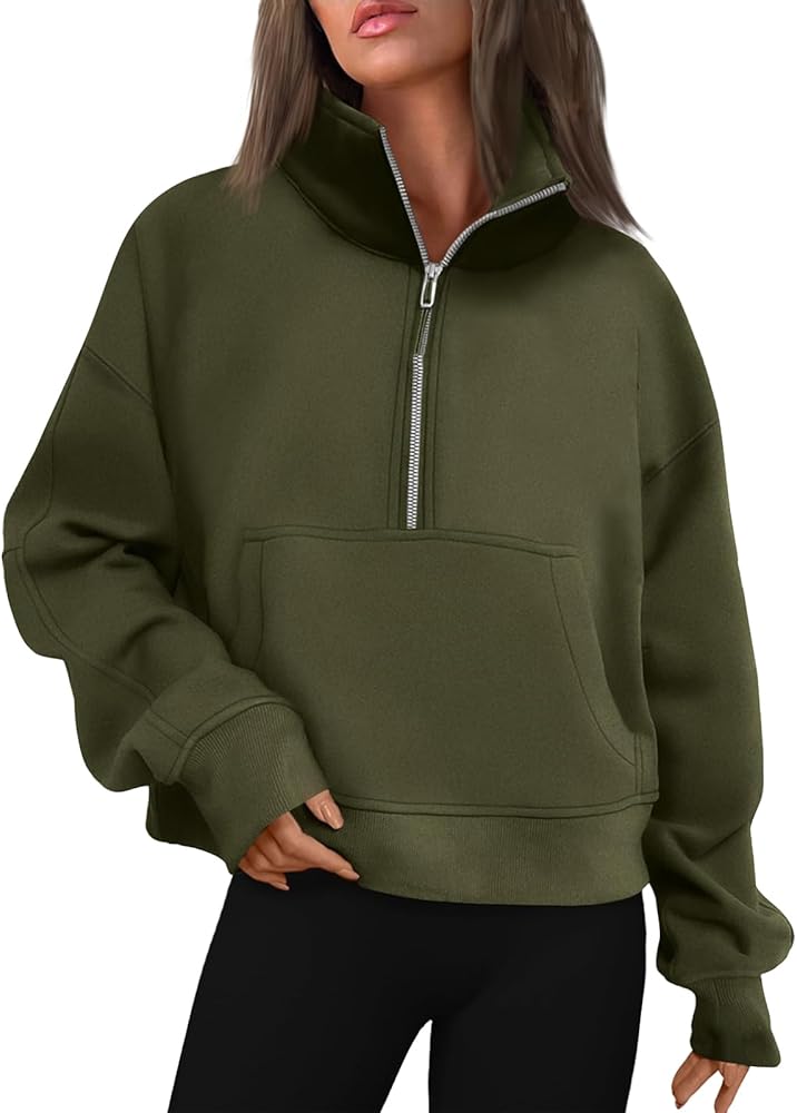 midelxp Womens Cropped Zip Up Hoodie Casual Fleece Stand Collar Sweatshirt Loose Quarter Zip Long Sleeve Pullover Sports Top