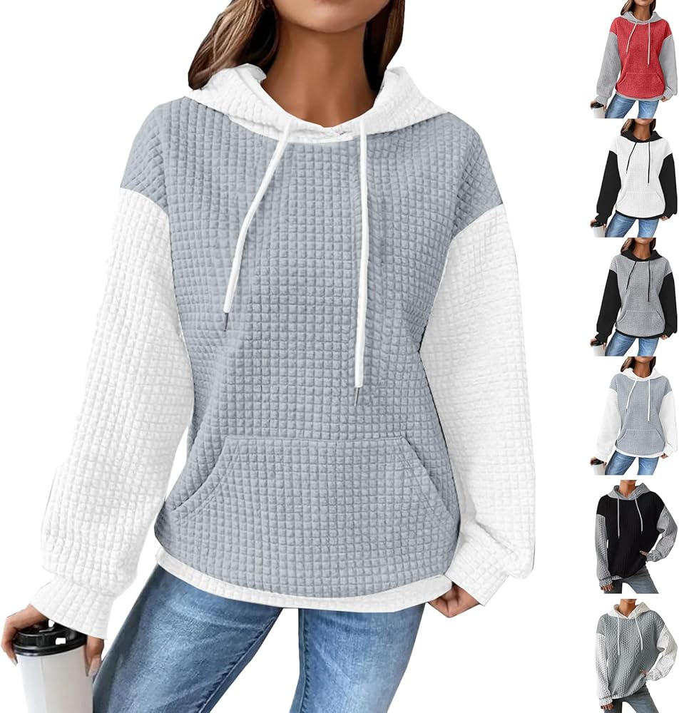 Hoodies for Women Y2k Color Block Cable Knit Pullover Sweaters Long Sleeve Drawstring Hooded Sweatshirt with Pocket