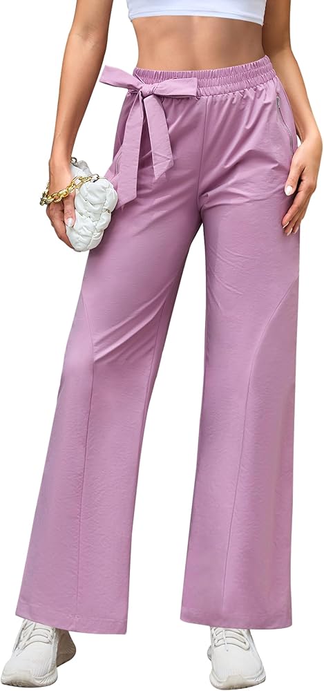 Womens Casual Wide Leg Pants Y2K Trendy Elastic Waist Track Pants Baggy Tie Knot Trousers Zipper Pockets Streetwear