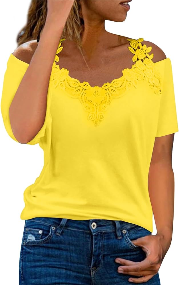 Womens Tops Casual Lace Crochet Cold Shoulder Tops Summer Short Sleeve Tunic T Shirts Loose V Neck Strappy Blouses