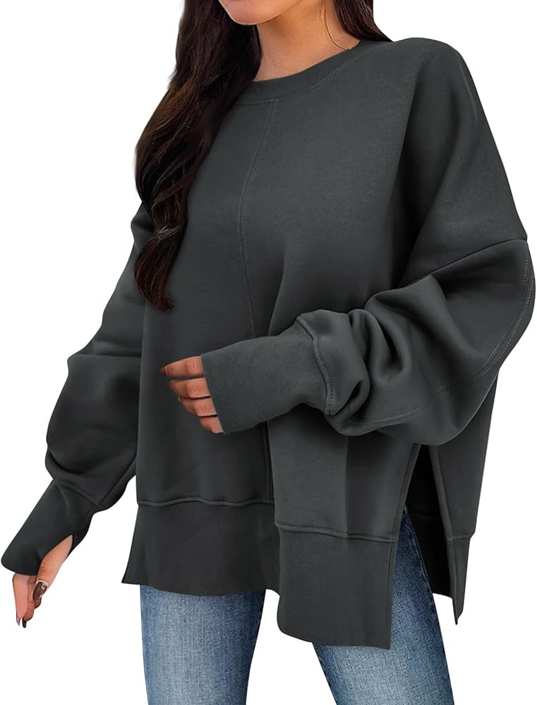 Womens Thumb Oversized Sweatshirt Loose Fit Side Slit Crewneck Sweatshirts Fall Lightweight Long Sleeve Pullover Tops