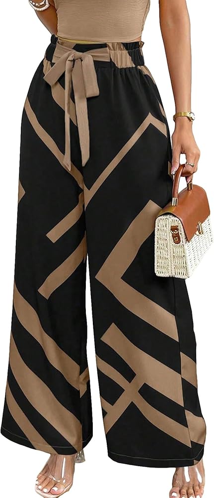 SOLY HUX Women's High Waisted Geo Print Belted Pants Wide Leg Work Office Pants Trousers