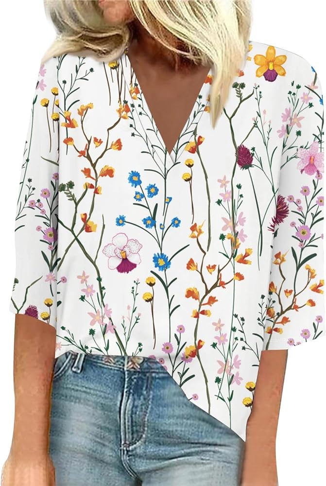 Womens Tops 3/4 Length Sleeve V-Neck Shirts Loose Fit Trendy Blouses Casual Print Tunic Cute Basic Clothing