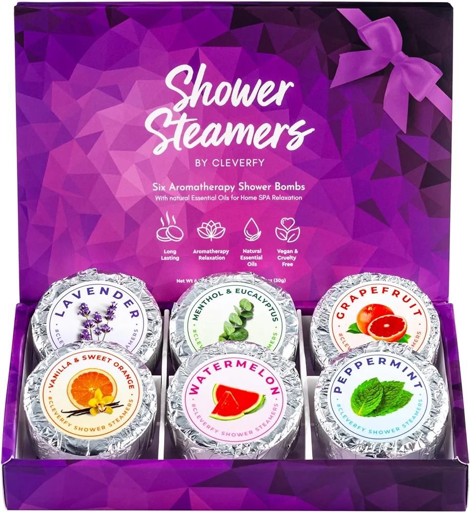 Cleverfy Shower Steamers Aromatherapy - Compact Variety Pack of 6 Shower Bombs with Essential Oils. Personal Care and Relaxation Birthday Gifts for Women and Men. Purple Set