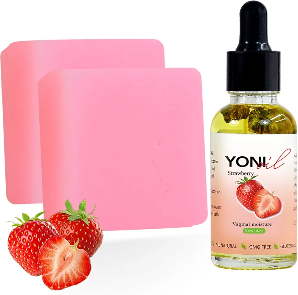 Strawberry Yoni Oil Soap Bar & Oil Set of 3, Feminine Yoni Oil for Women Ph Balance and Wetness, Vaginal Moisturizer Smooth and Tightening Vaginal Oil, Vaginal Odor Eliminator