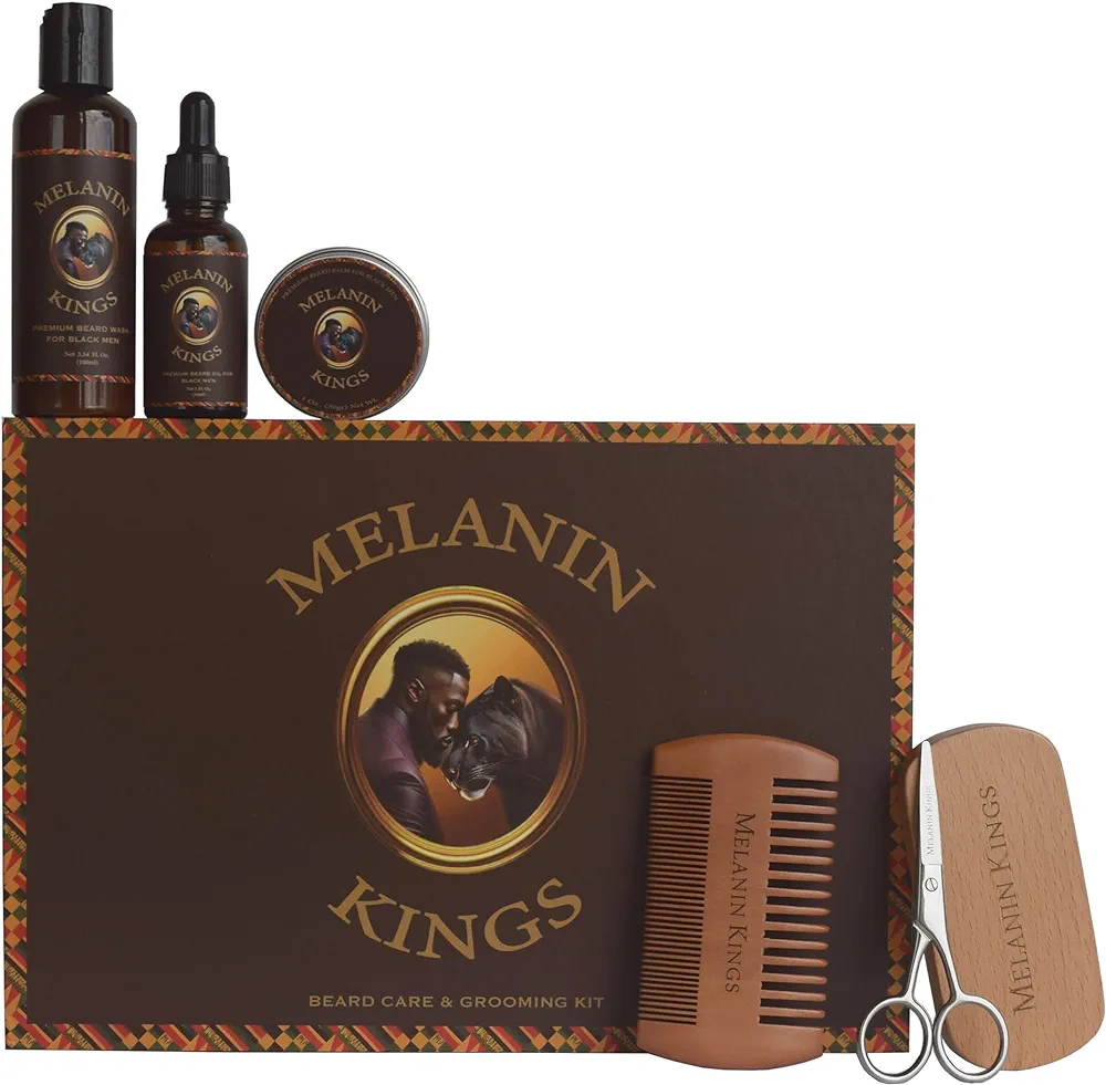 Melanin Kings Beard Grooming Kit for Men - Formulas With Ancient African Natural Ingredients | Beard Wash, Oil, Balm, Brush, Comb, Trimming Scissors