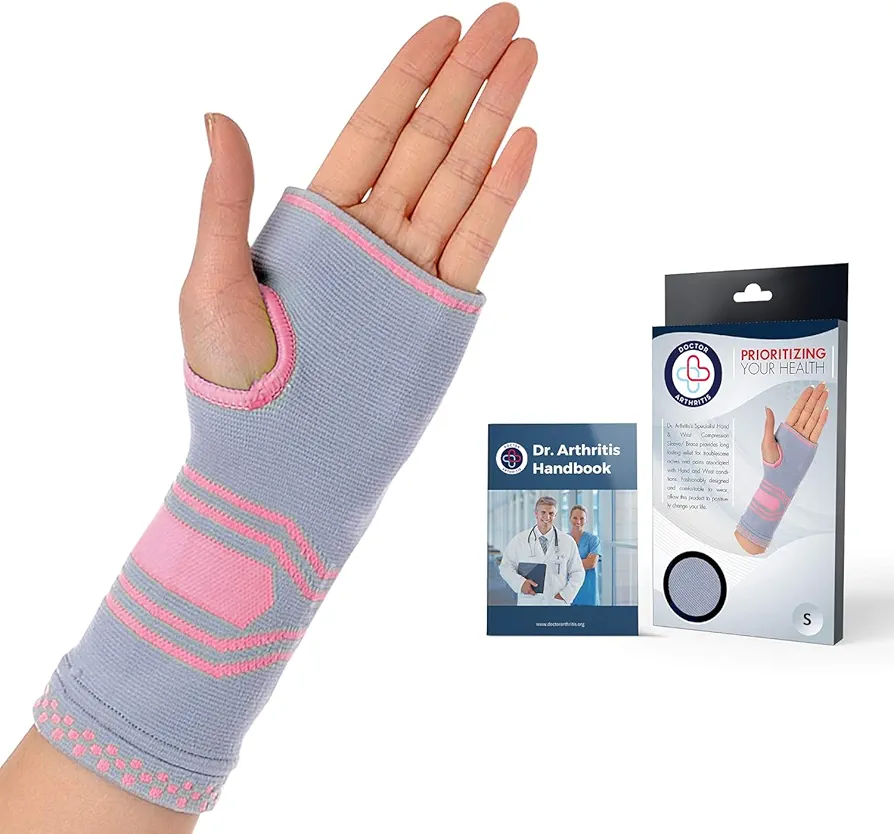 Dr. Arthritis Doctor Developed Wrist & Hand Compression Sleeve/Support/Brace, Palm Protector with Gel Pad, Optimum Comfort for Carpal Tunnel, RSI & More Pink/Grey, Small