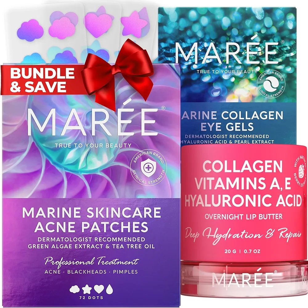 MAREE Bundle - Acne Сlearing Devices, Lip Mask, Under Eye Gels - Green Algae Extract & Tea Tree Oil, Collagen & Hyaluronic Acid - Hydrocolloid Acne Therapy, Mask for Dry Lips, Gels for Puffy Eyes