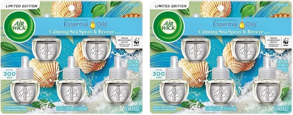 Air Wick Plug in Scented Oil Refill, 5ct, Calming Sea Spray & Breeze, Air Freshener, Essential Oils (Pack of 2)