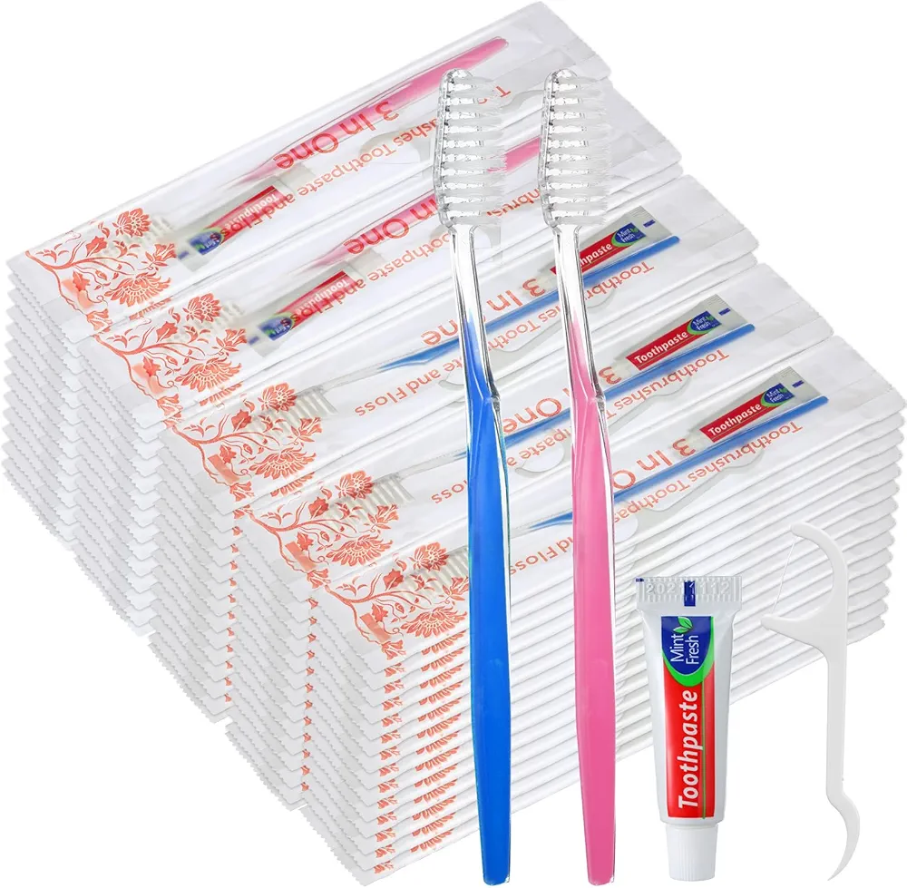 200 Sets Bulk Disposable Toothbrushes Toothpaste Floss Individually Wrapped Dental Floss Pick Kit Homeless Hygiene Kit Bulk Homeless Care Package Supplies for Travel Hotel (Light Blue Pink)