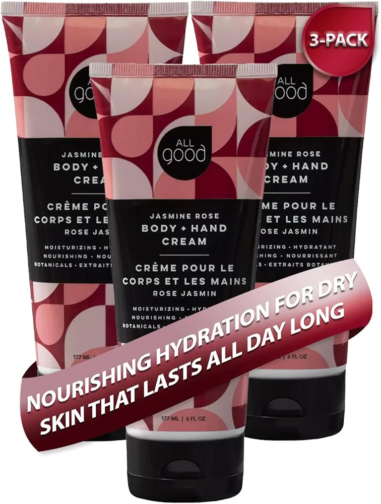 All Good Body & Hand Cream - Organic Daily Moisturizer for Dry Skin - Lavender Oil, Cocoa Butter, Rosehip Oil, Arnica, Vitamin E - Non-greasy, Vegan & Cruelty-Free - Jasmine Rose, 6oz (3-Pack)