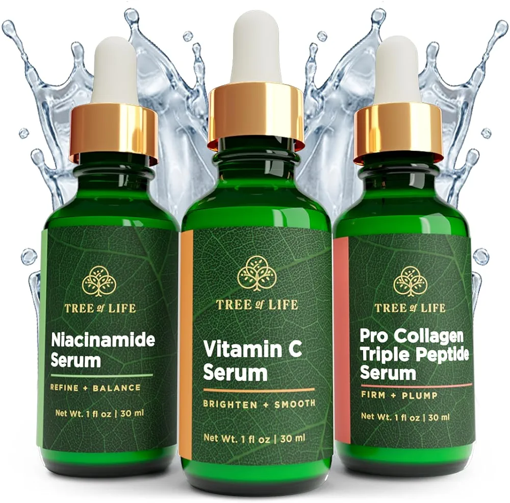 Tree of Life COMPLETE HYDRATION SERUM TRIO with Vitamin C Serum +Niacinamide Serum + Pro Collagen Peptide Serum, 3 count x 1oz