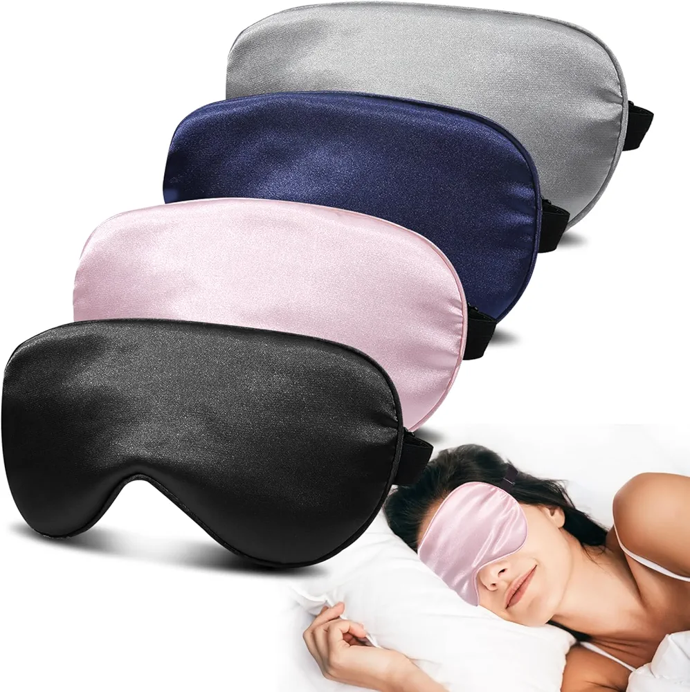 Sleep Mask Silk Eye Masks for Sleep, JroyJoy 4 Pack Super Soft Eye Mask for Women Men, 100% Blackout, Super Soft Blindfold with Elastic Adjustable Strap, Travel Eye Covers (Black&Pink&Blue&Grey)