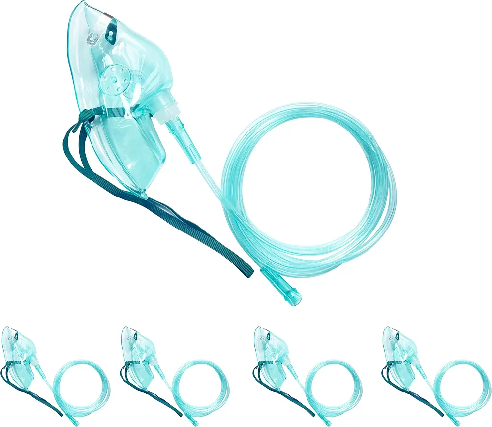 4 Packs Adult Europe Standard Oxygen Mask with 6.6' Tubing and Adjustable Elastic Strap - Size L+