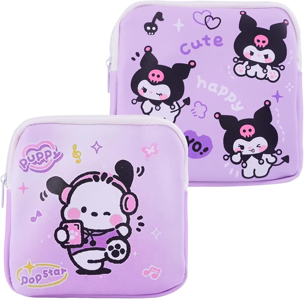 2PCS Cute Cartoon Sanitary Pad Storage Bag Portable Period Holder Bag Cartoon Menstrual Pad Bag Kawaii Tampon Pad Holder Purse Pad Pouch with Zipper Suitable for Girls Women (Mjin-KM)