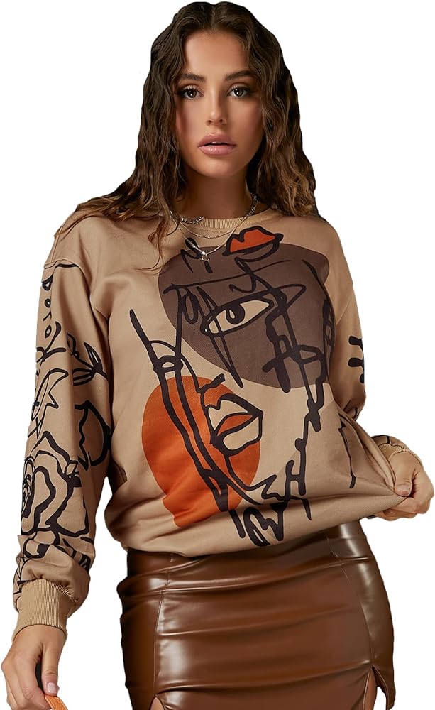 WDIRARA Women's Figure Graphic Print Sweatshirt Round Neck Long Sleeve Contrast Color Graffiti Pullovers