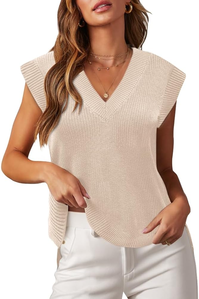 Lueluoye Women's Sweater Vests V Neck Summer Sleeveless Sweater Tops Split Hem Casual Tunic Sweaters