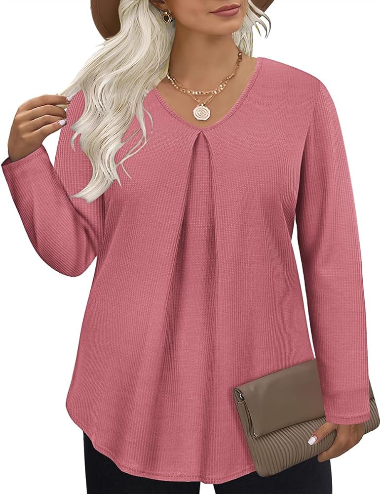 RITERA Plus Size Tunic Tops for Women Long Sleeve Shirts Pleated Front Casual V Neck Flowy Blouse Fall Winter 14W 28W Xl-5Xl