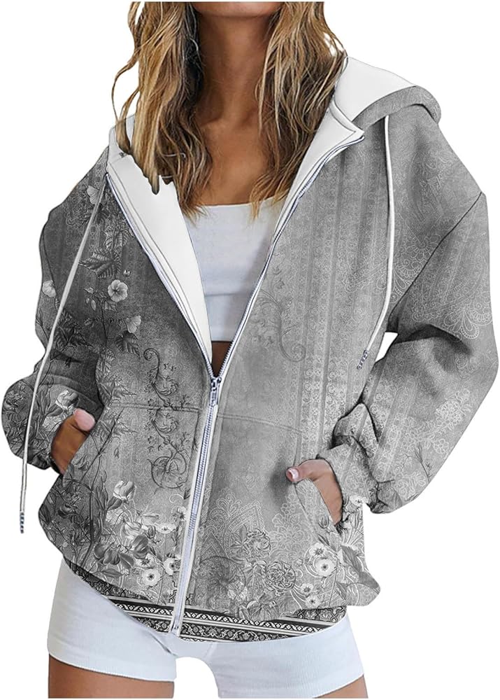 Ceboyel Womens Oversized Sweatshirts Floral Print Jackets Zip Up Fashion Hoodie Loose Fit Cute Fall Clothes 2023 Trendy Sweatshirts For Women Gray M