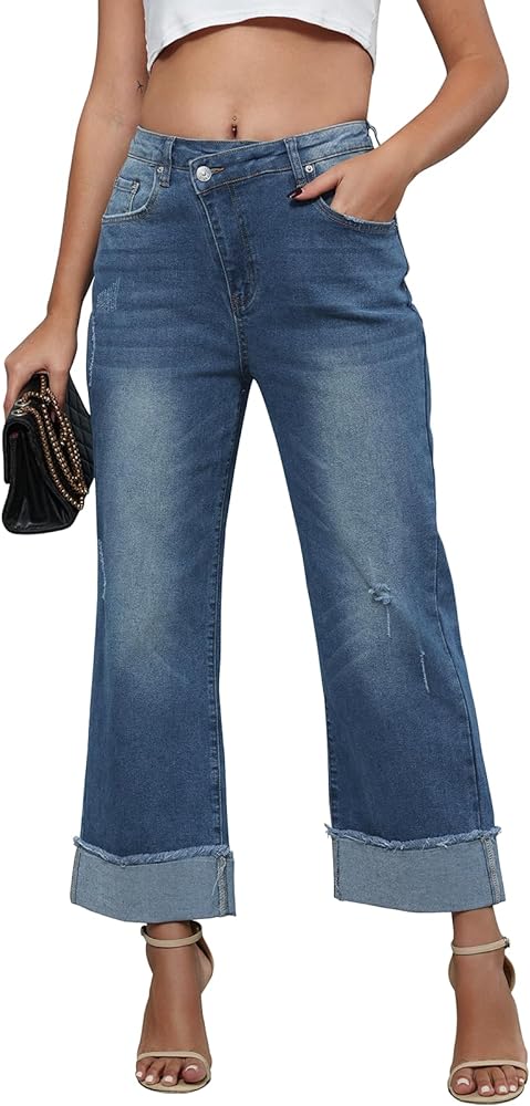 Genleck Wide Leg Cropped Jeans for Women Trendy High Waisted Crossover Boyfriend Jeans Mom Baggy Stretchy Denim