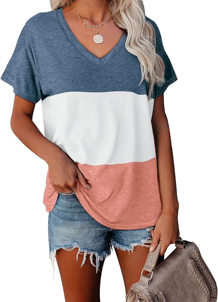 WEESO T Shirts for Women V Neck Summer Color Block Tops