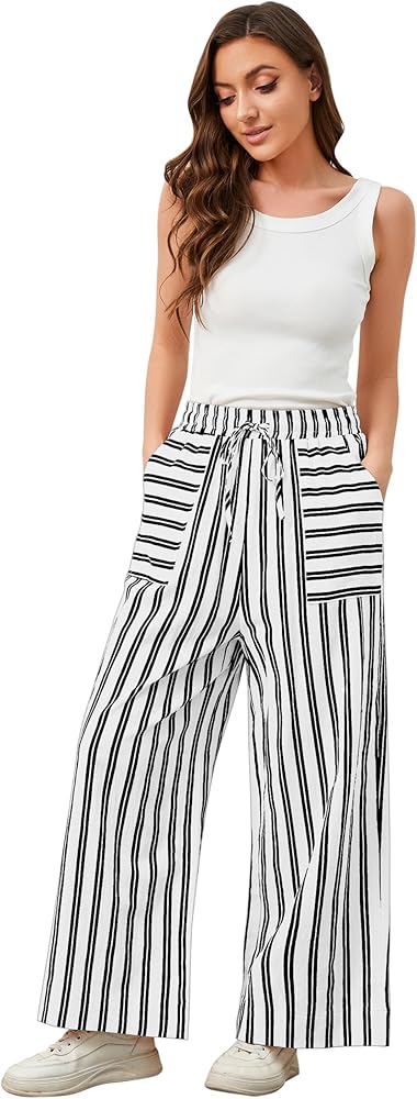 OLAPTA Women Striped Wide Leg Pants Loose Fit Elastic Waist Comfy Long Trousers Drawstring Casual Lounge Pants with Pocket