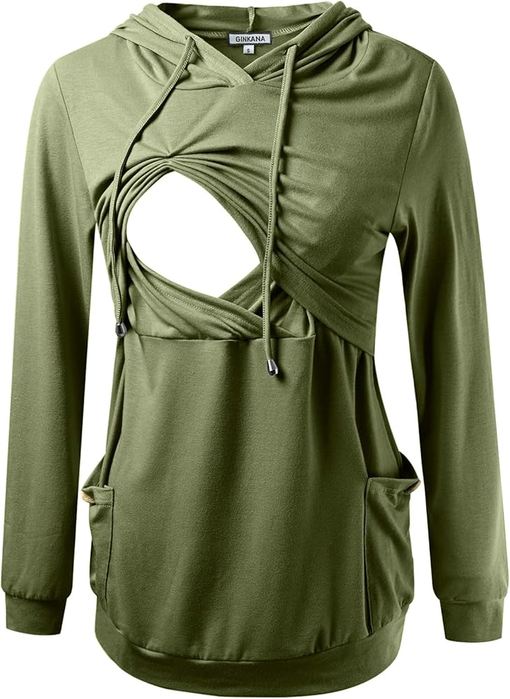 GINKANA Womens Nursing Hoodie Top Sweatshirt Long Sleeve Button Decoration Pockets Shirts Tunic Top