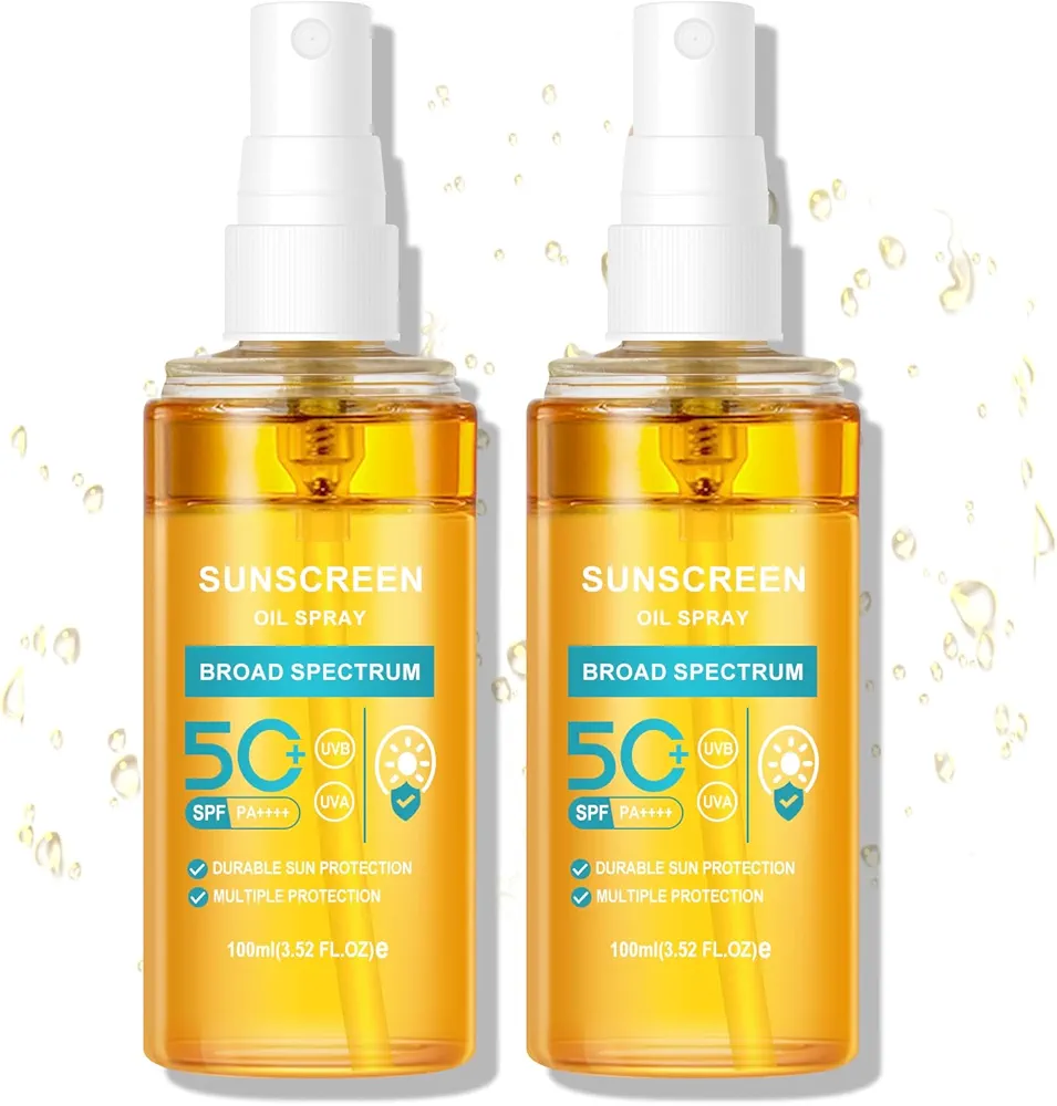 KYDA 2 Bottles Oil Sunscreen Spray, Glow Oil Sunscreen Mist SPF 50, Lightweight Hydration Body Sunscreen Oil, Refreshing Sunscreen Spray, Broad Spectrum UVA/UVB Protection