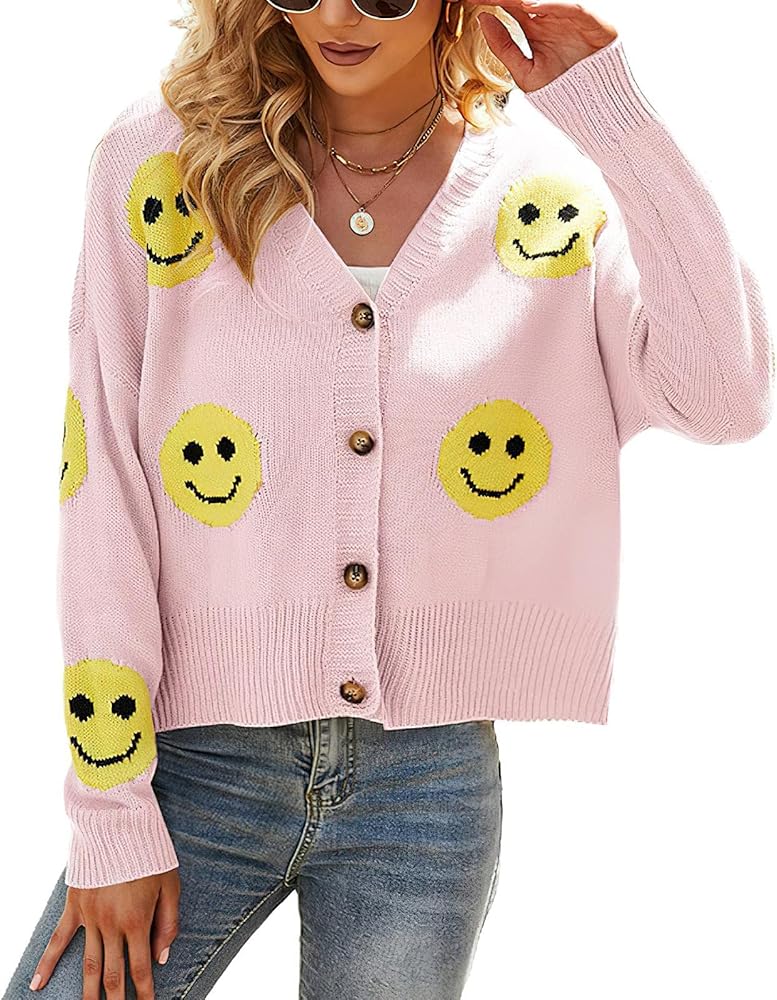 ebossy Womens Ribbed Knit Cardigans Slouchy Cute Smile Graphic Pretty Daisy Button-up Jacquard Knitted Sweater Coat