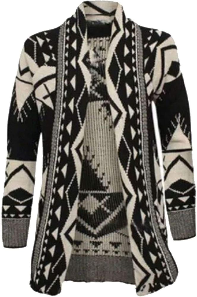 Ladies Long Sleeve Aztec Print Winter Sweater Womens Aztec Print Open Cardigan Black/Stone US 4