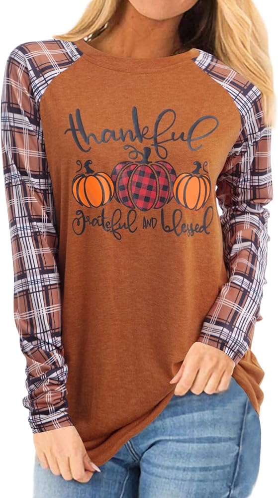 Thankful Grateful Blessed Print T Shirt Women Thanksgiving Pumpkin Long Sleeve Blouse Leopard Printed Striped Fall Tee