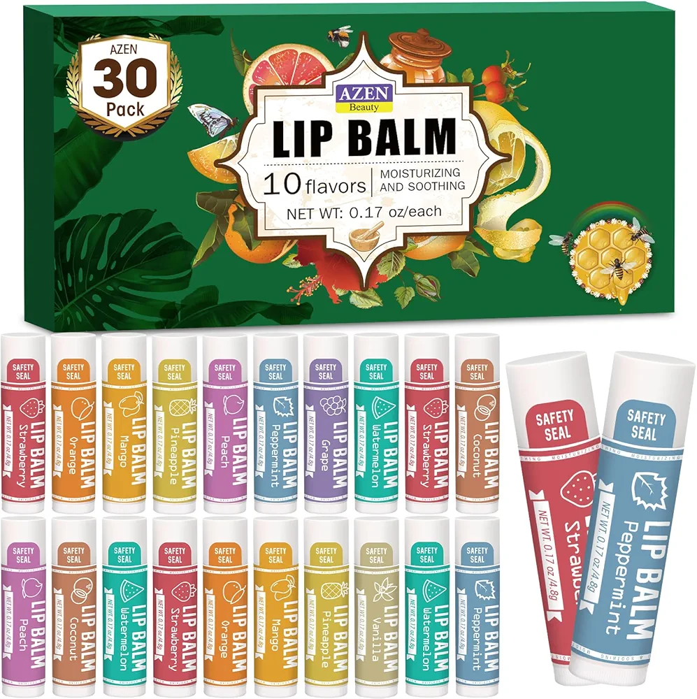 AZEN 30 Pack Lip Balm, Natural Lip Balm Bulk, Lip Care Product, Moisturizing Lip Balm for dry cracked lips - 10 Flavors