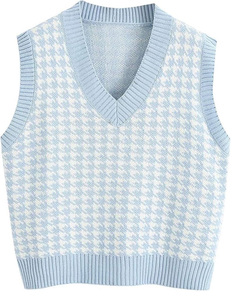 Locachy Women's Houndstooth Pattern Preppy Style V-Neck Sleeveless Knit Pullover Sweater Vest