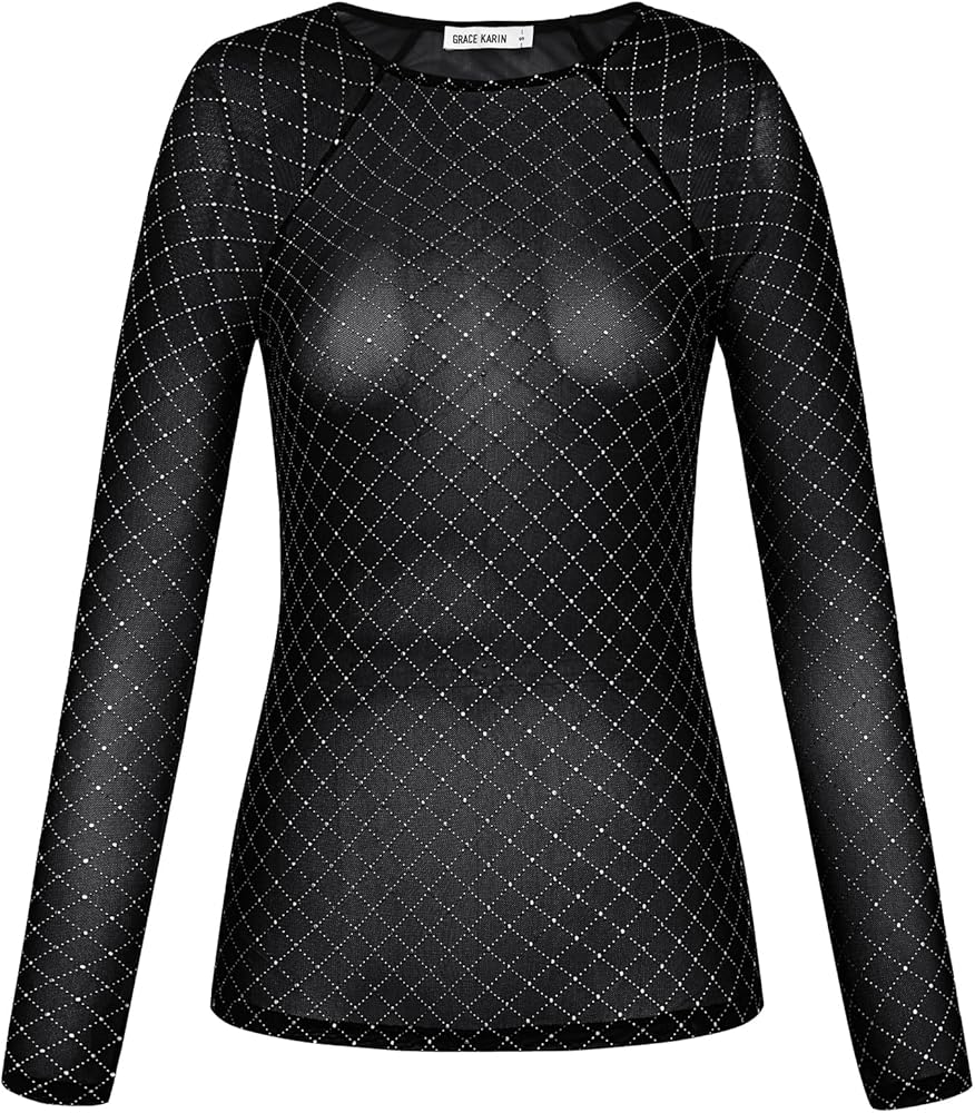 GRACE KARIN Women's Lightweight Rhinestone Strechy See Through Mesh Sheer Top Blouse