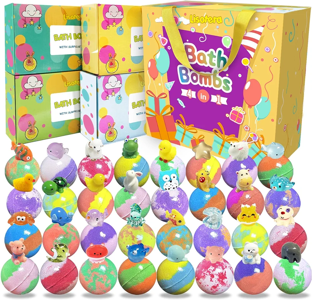 Bath Bombs for Kids with Surprise Inside, 32 Pack Bath Bombs with Land & Sea Animal Toys, Handmade Fizzy Colorful Bubble Children Bath Ball Gift Set for Birthday, Christmas, Halloween, Mothers Day