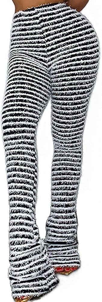 Vakkest Women's Striped Knitted Stacked Leggings Pants Hip Lifting Casual Streetwear Trousers Y2K Fluffy Jogger Sweatpants