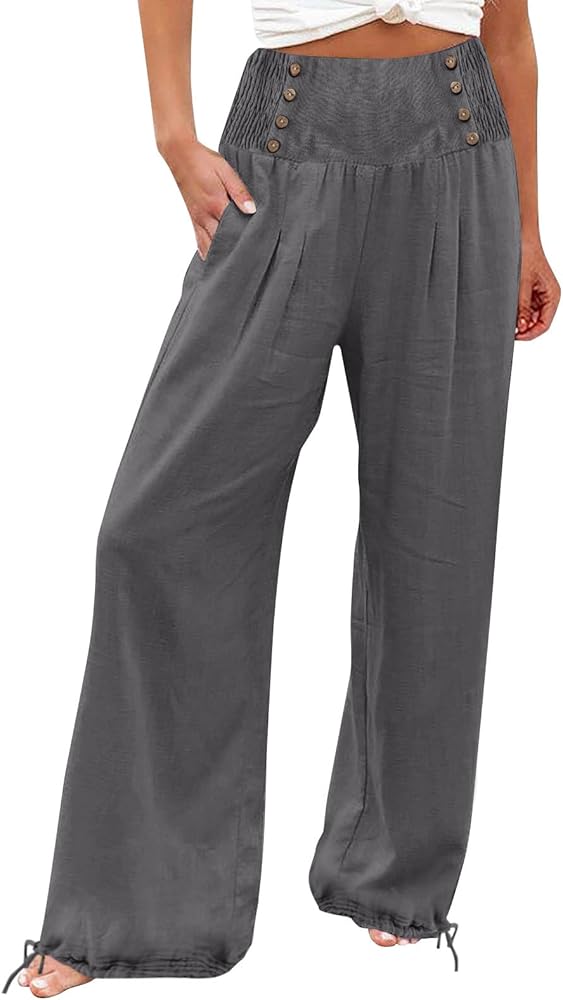 Womens Wide Leg Linen Pants Stretch High Waist Flowy Palazzo Pants Baggy Lightweight Beach Lounge Pants with Pockets