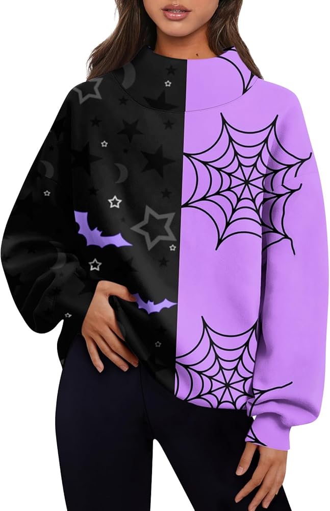 Workout Shirt Long Sleeve Women Fashion Halloween Printing Long Sleeve Loose Slit Half Turtleneck Sweatshirt Top