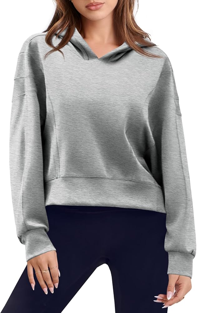 Fisoew Womens Crop Hoodie Sweatshirt Long Sleeve Loose Casual Workout Hooded Pullover Tops