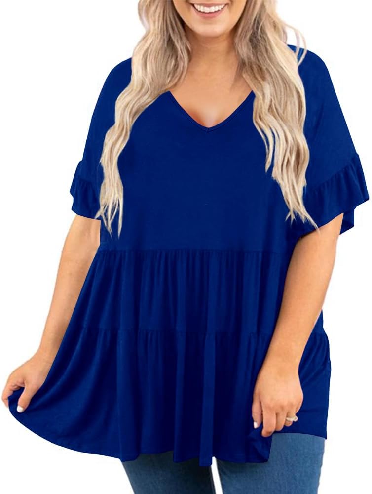 Genayge Women's Plus Size Ruffle Tunic Tops Summer Short Sleeve Loose T-Shirt Blouses