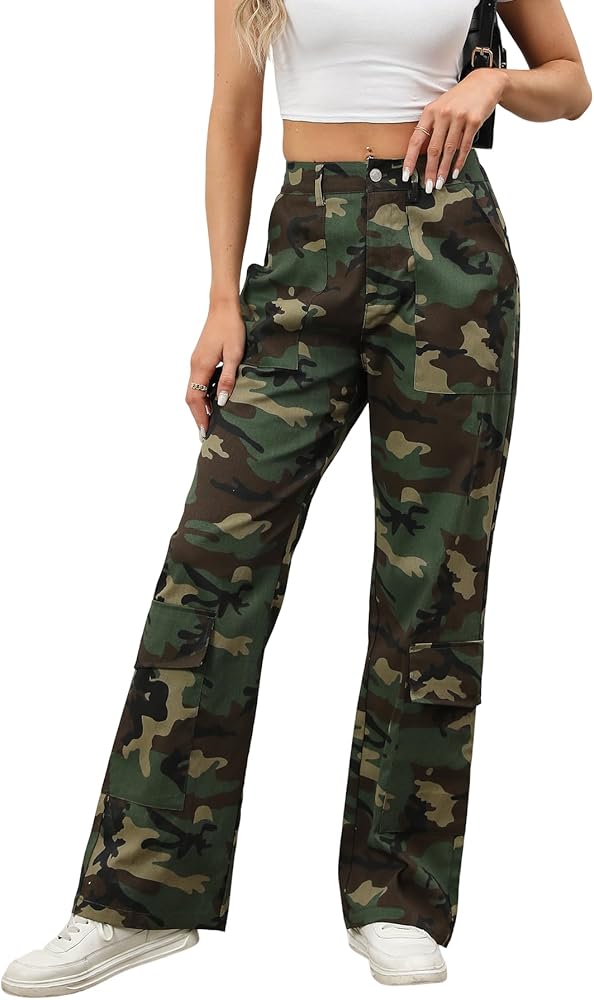 Kedera Women Camo Print Flap Pocket Wide Leg Pants Mid Waist Trousers Casual Boyfriend Cargo Parachute Baggy Pants