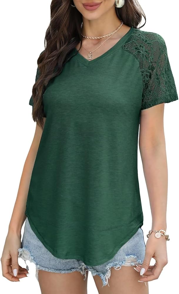 Beimuc Womens Summer Tops 2024 Trendy Lace Short Sleeve T-Shirts V-Neck Loose Casual S-2XL