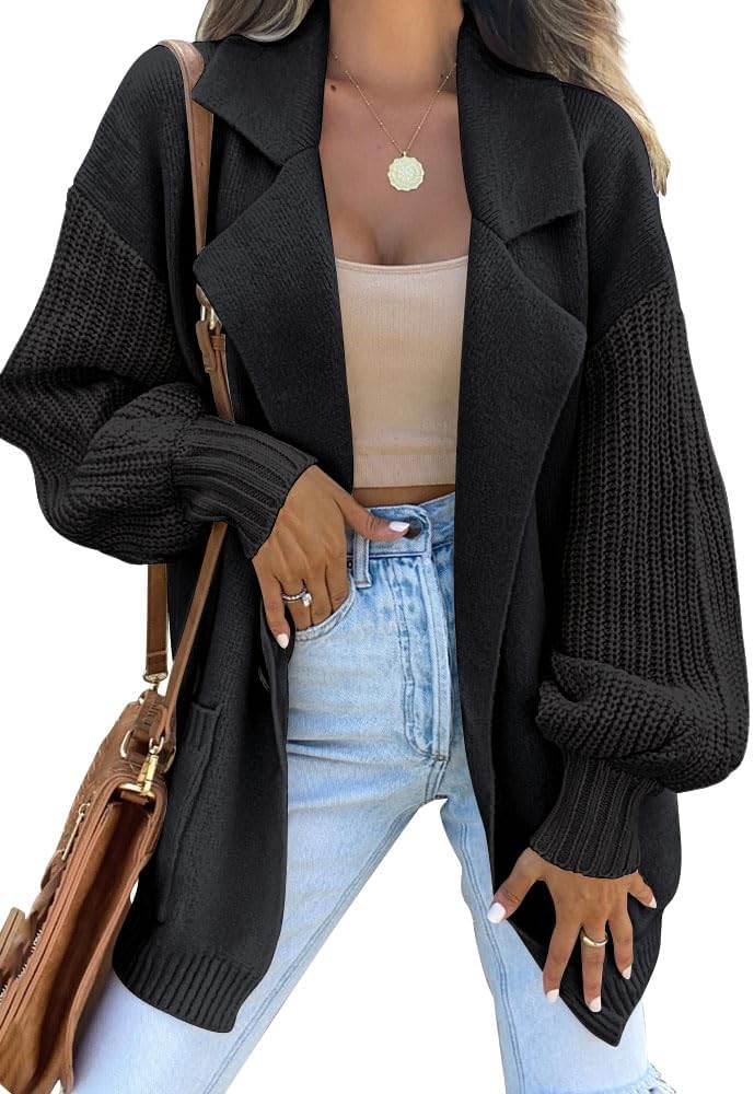 LILLUSORY Women's Long Sleeve Collared Jacket Open Front Knit Cardigan Sweaters 2023 Oversized Slouchy Coat with Pockets