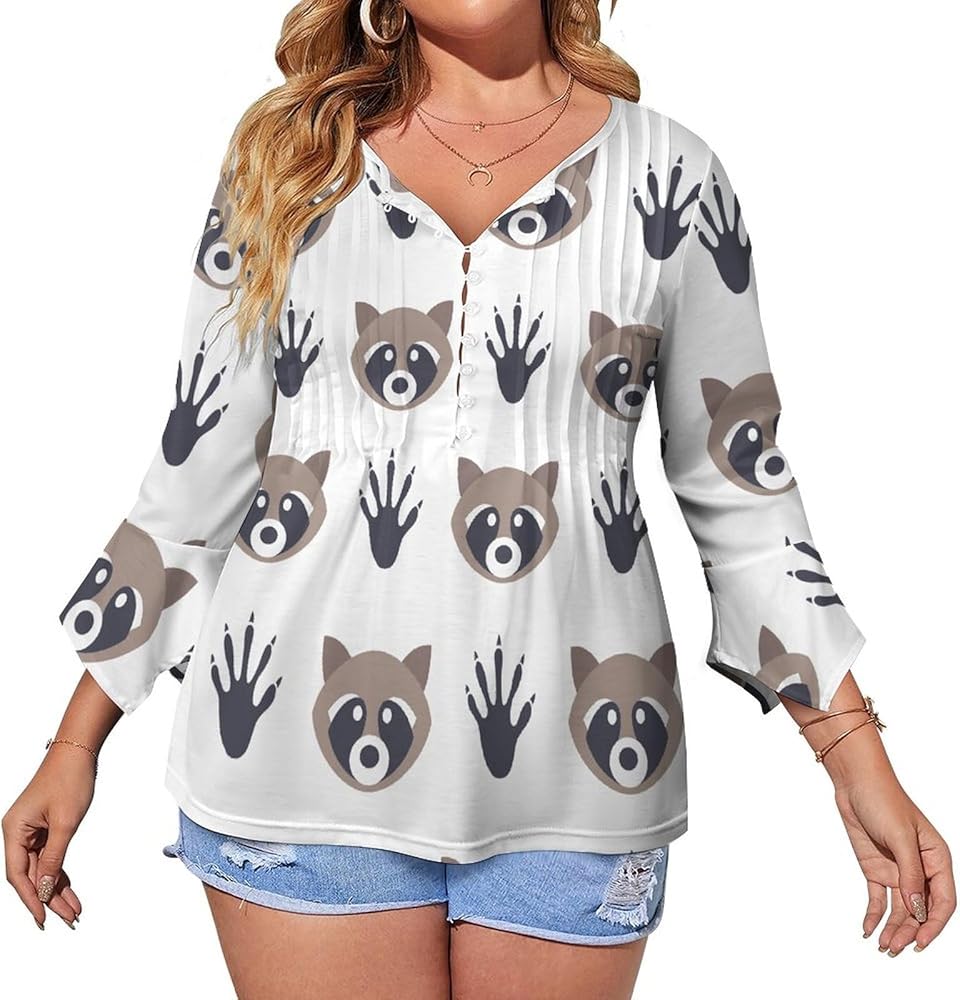 Reccoon Paw Print Cute Womens T-Shirts 3/4 Sleeve Button Down Tee Tops Blouse Summer Beach